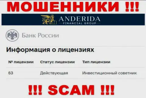 Anderida Group говорят, что имеют лицензионный документ от Центробанка РФ (информация с информационного ресурса мошенников)