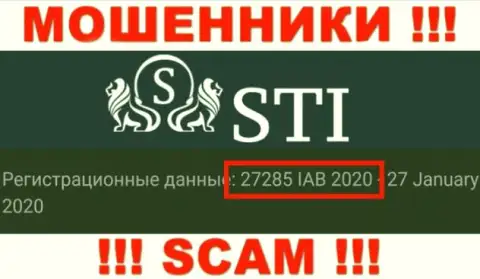 Рег. номер StokOptions Com, который мошенники представили на своей веб-странице: 27285 IAB 2020