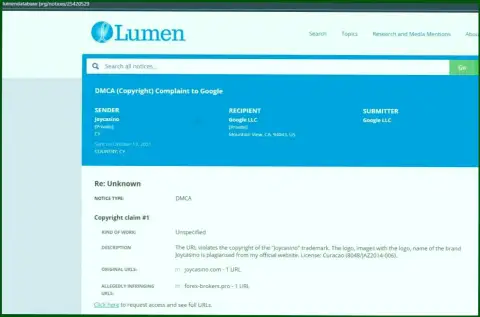 Жалоба мошенников ДжойКазино в lumendatabase org