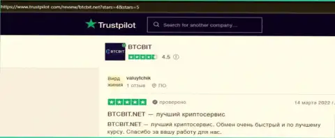 Точки зрения о условиях работы обменного онлайн пункта BTCBit на веб-портале Трастпилот Ком