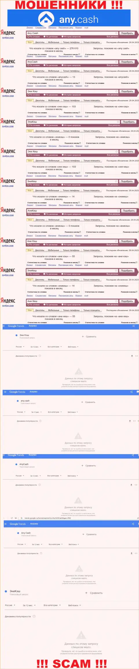 Скриншот результата поисковых запросов по противозаконно действующей организации Any Cash