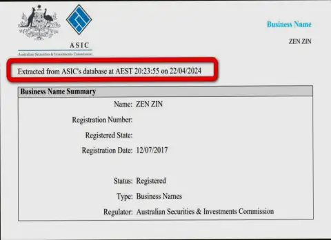 Документ, который подтверждает присутствие регистрации у брокерской компании Zinnera