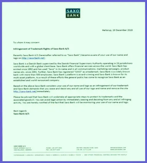 Официальная жалоба от мошенников из Саксо Банка про то, что домен надо бы передать, а не то начнется спор о доменном имени